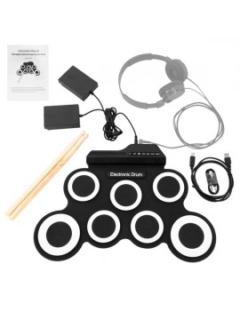 Portable Electric Drum Set 7 Full-Tone Standard Drum Pads with Drum Stick, Headphone Jack and Pedals Multiple Power Supply Methods Best Gift for Christmas Holiday Birthday